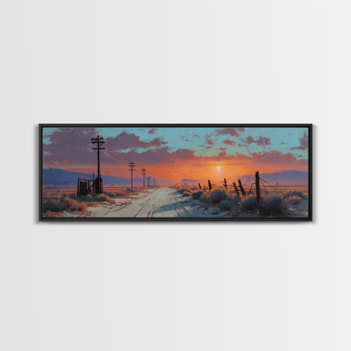 Snowy Country Road Sunset Wall Art, Rustic Winter Landscape Canvas, Farmhouse Decor, Wide Horizontal Print, Cozy Gift For Her
