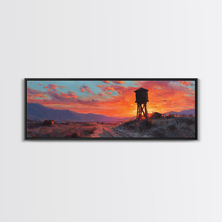 Sunset Water Tower Wall Art, Rustic Western Landscape Canvas Print, Farmhouse Country Decor, Warm Above Sofa Living Room Art Gift