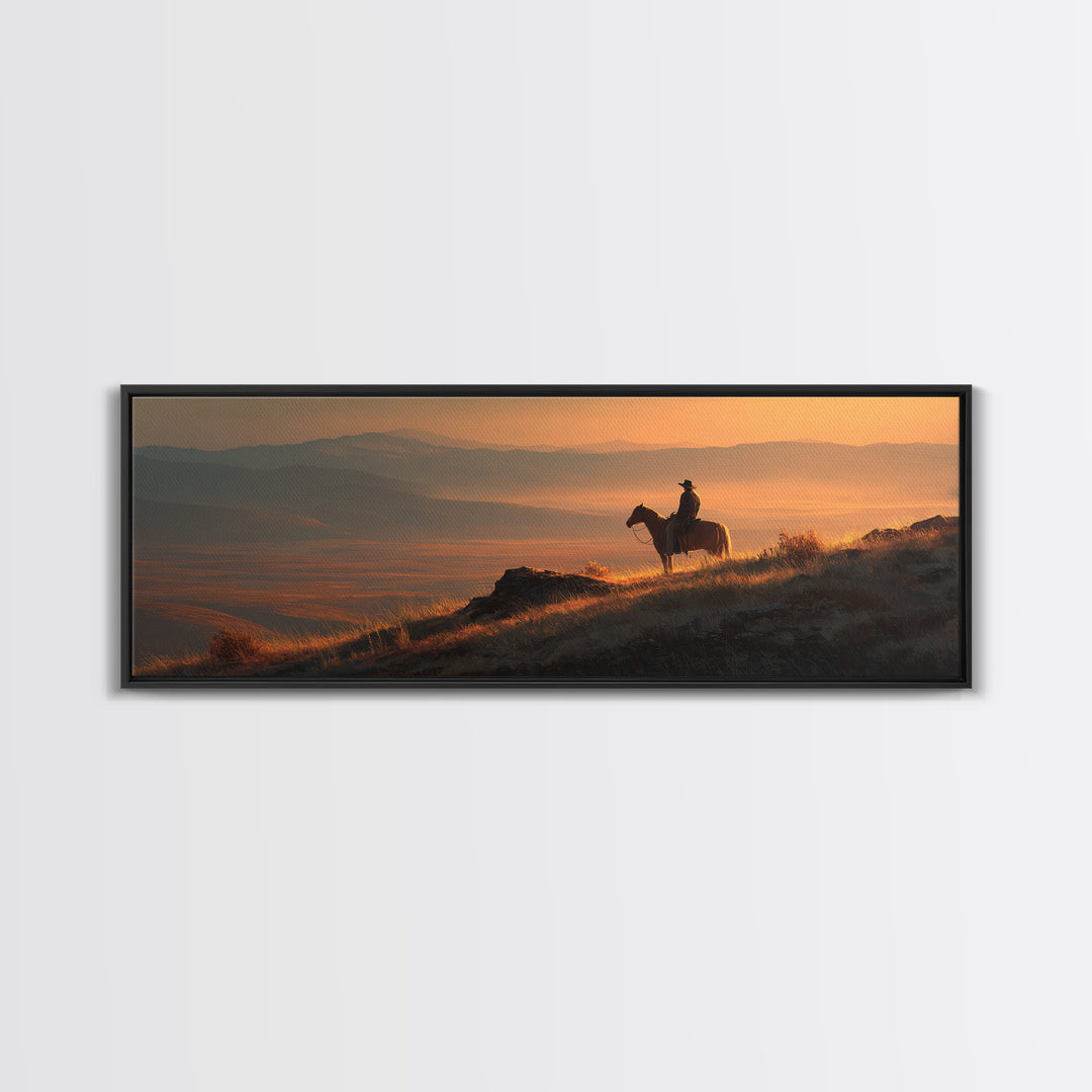 Cowboy Sunset Mountain Landscape Wall Art, Western Horse Rider Canvas Print, Rustic Ranch Decor, Masculine Office Art Gift