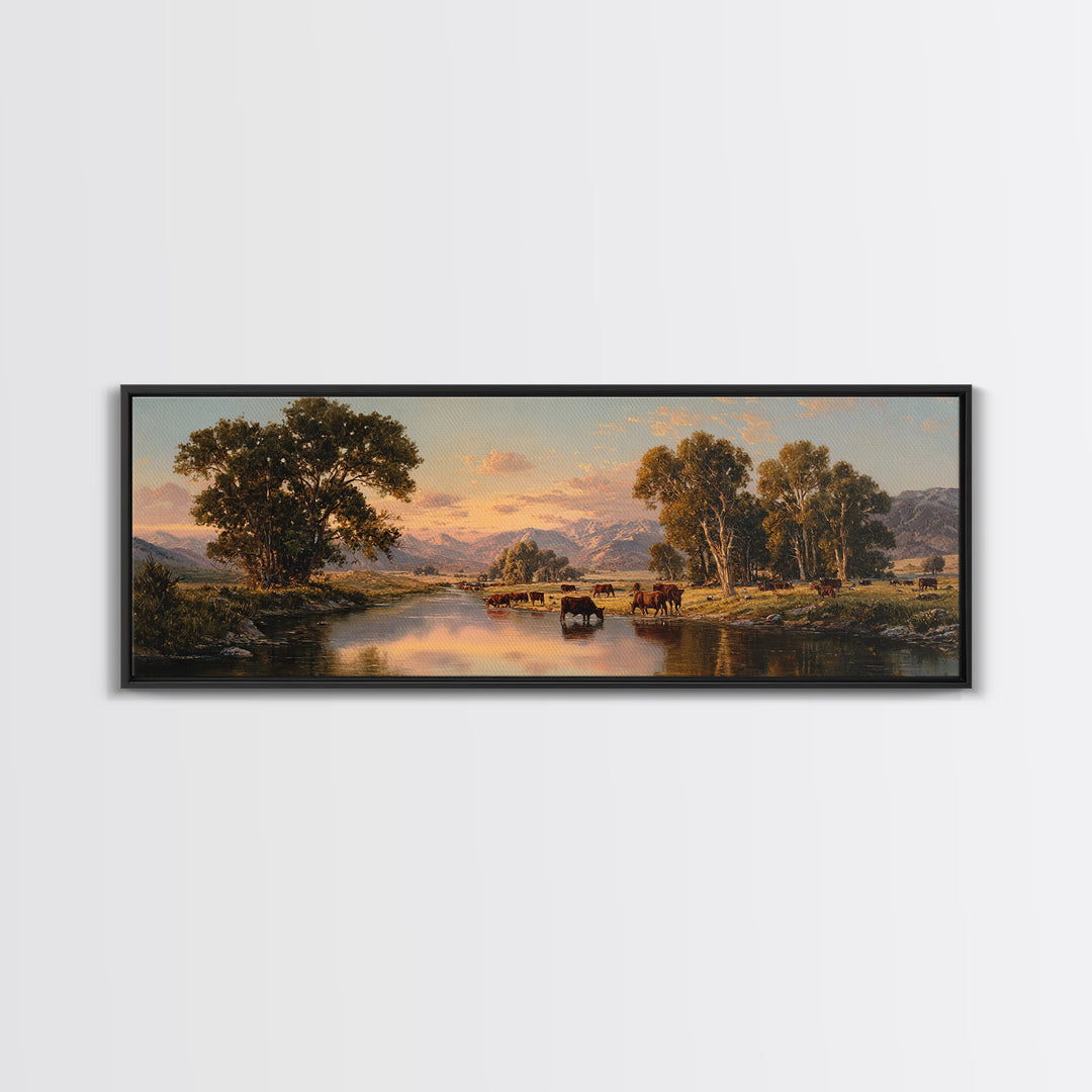 Pastoral River Cattle Valley Wall Art, Mountain Ranch Landscape Canvas, Western Farmhouse Print, Rustic Home Decor, Large Living Room Decor
