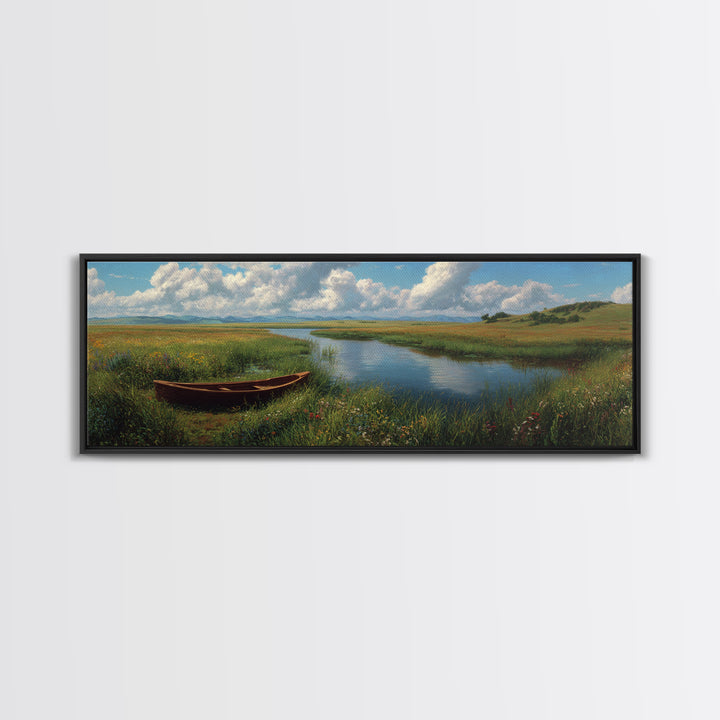 Peaceful Meadow River Boat Wall Art, Panoramic Landscape Canvas Print, Lake House Decor, Nature Wall Decor, Above Sofa Art