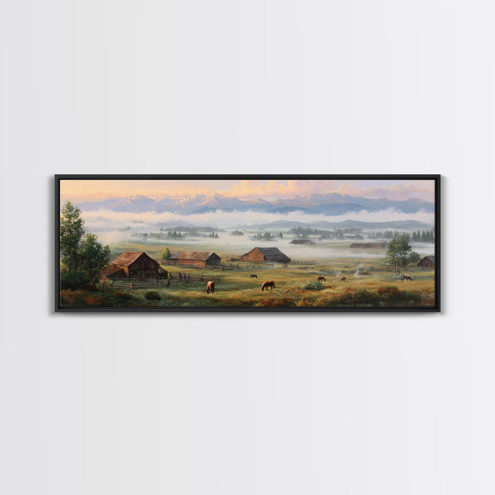 Misty Mountain Ranch Wall Art, Rustic Farmhouse Landscape With Cattle, Country Home Decor, Large Living Room Canvas Print