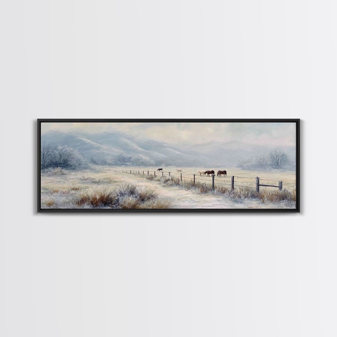 Snowy Pasture Horses Wall Art, Winter Ranch Landscape Canvas Print, Rustic Farmhouse Decor, Country Living Room Gift For Her