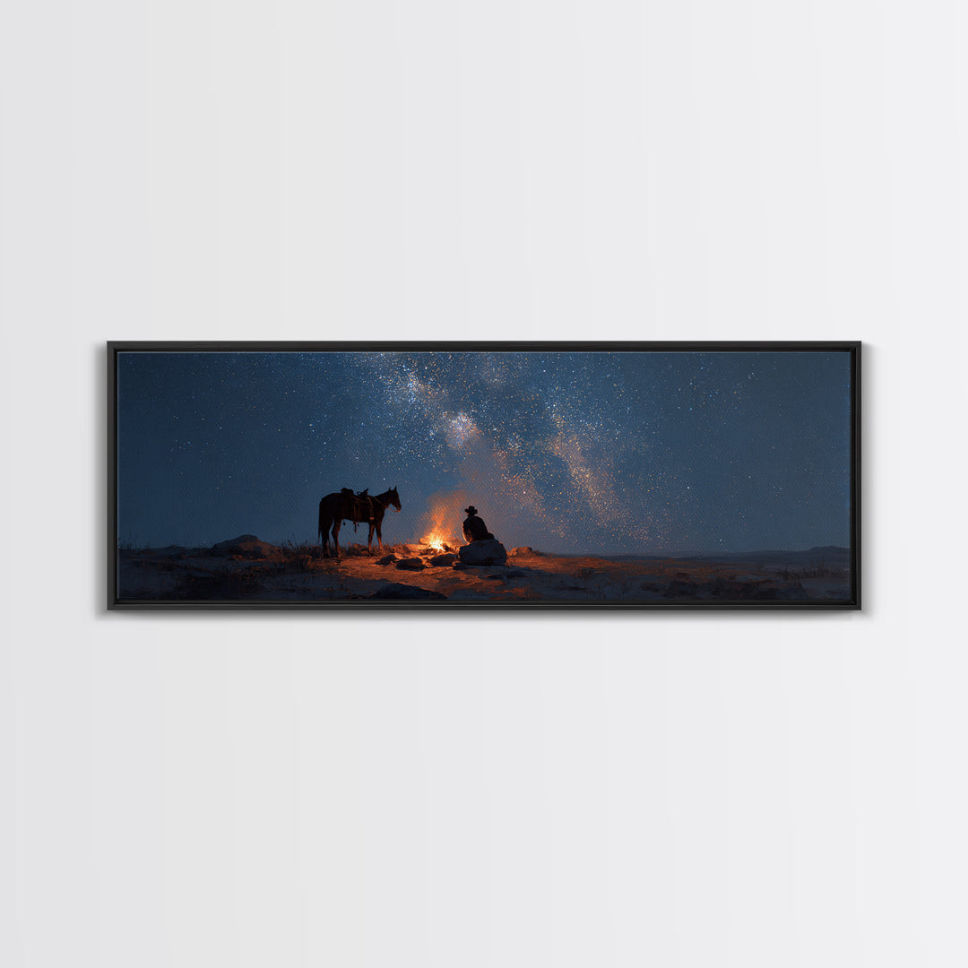 Cowboy Campfire Under Milky Way Wall Art, Western Night Sky Canvas Print, Rustic Desert Decor For Cabin And Man Cave Home Decor
