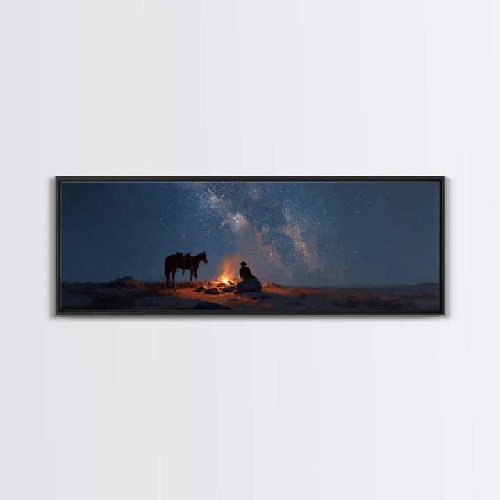Cowboy Campfire Under Milky Way Wall Art, Western Night Sky Canvas Print, Rustic Desert Decor For Cabin And Man Cave Home Decor
