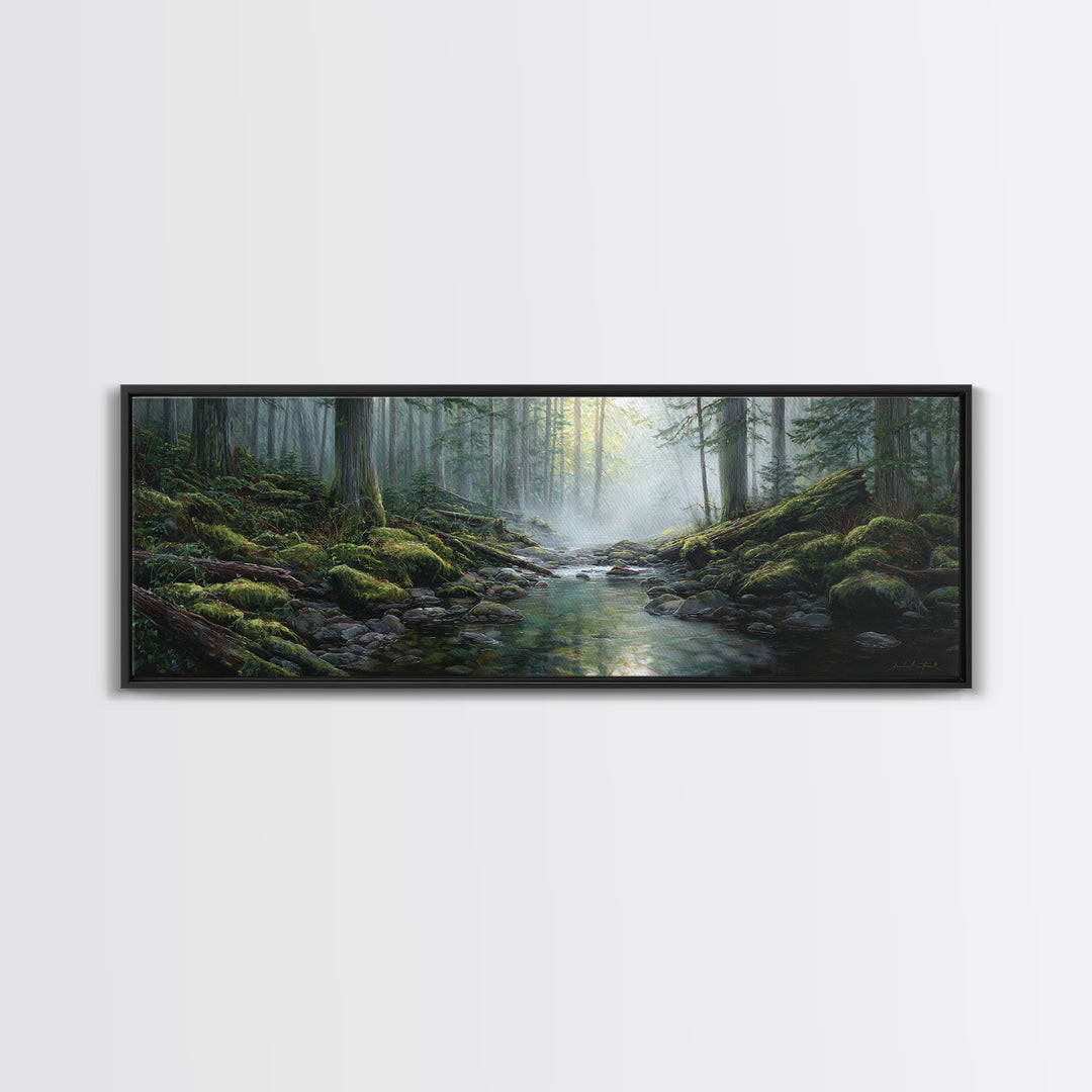 Misty Forest Stream Landscape Wall Art, Mossy Woodland Canvas Print, Nature Decor, Cabin Wall Decor, Calming Office Art Print