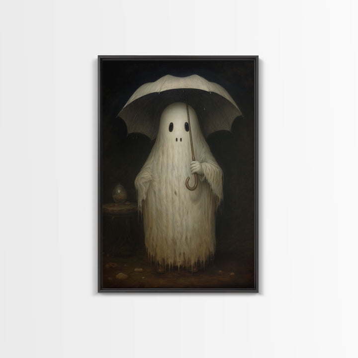 Cute Ghost Painting, Ghost In The Rain, Vintage Canvas, Art Canvas Print, Dark Academia, Haunting Ghost, Cute Halloween Decor