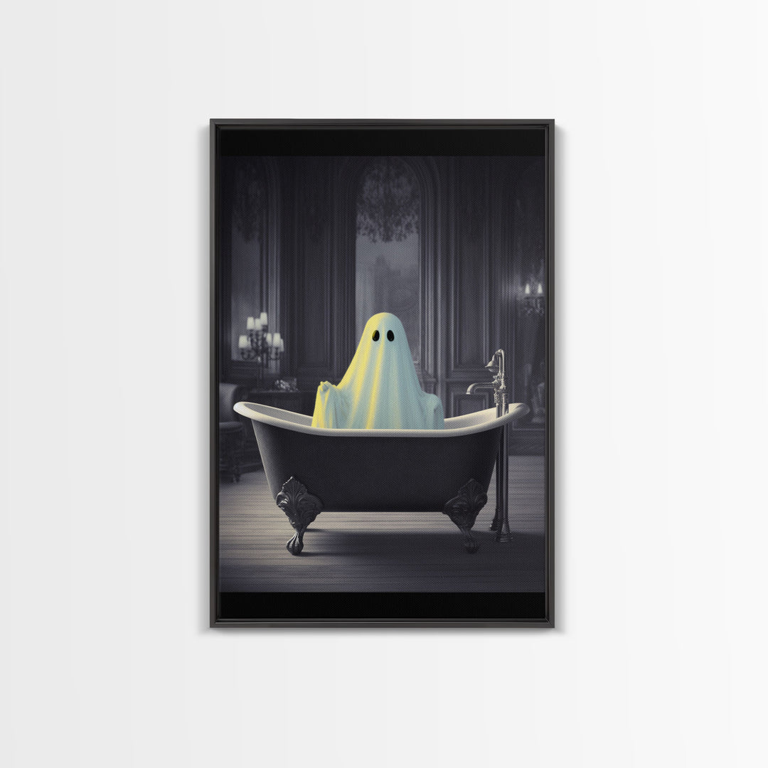 Funny Halloween Art, Ghost Takin' A Bath, Framed Canvas Print, Halloween Canvas, Ghost In The Tub, Goofy Gothic Victorian Art