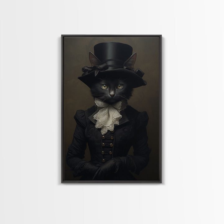 Cute Renaissance Cat, Black Cat Print, Goth Home Decor, Art Canvas Print, Dark Academia, Gothic Victorian, Halloween Decor, Witch Familiar