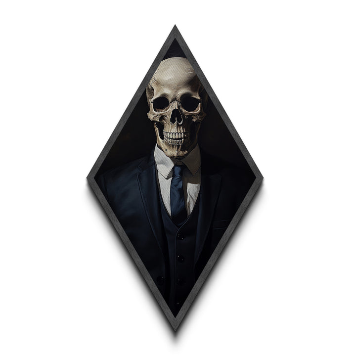 "Death in a Suit" Skeleton in Business Attire Canvas Embossed Print, Dark Academia Diamond Shaped Art for Gothic Office or Halloween Wall Decor