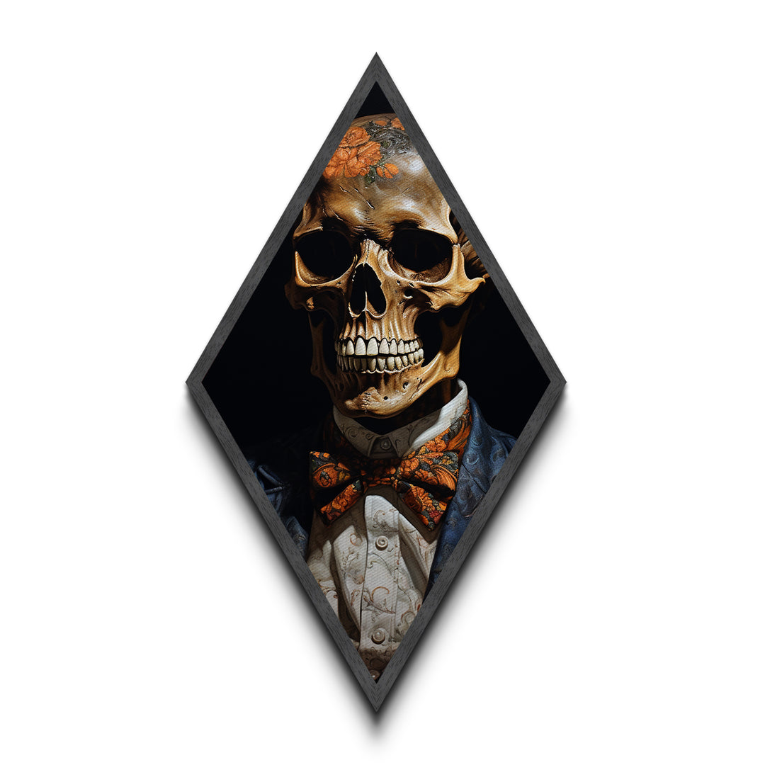 "Florals for the Dead" Skeleton with Flowered Skull and Pumpkin Bowtie Canvas Art Print, Diamond Shaped Halloween Decor in Gothic Baroque Style