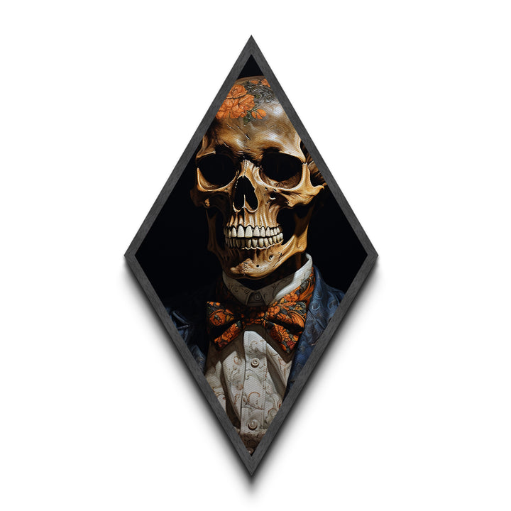 "Florals for the Dead" Skeleton with Flowered Skull and Pumpkin Bowtie Canvas Art Print, Diamond Shaped Halloween Decor in Gothic Baroque Style