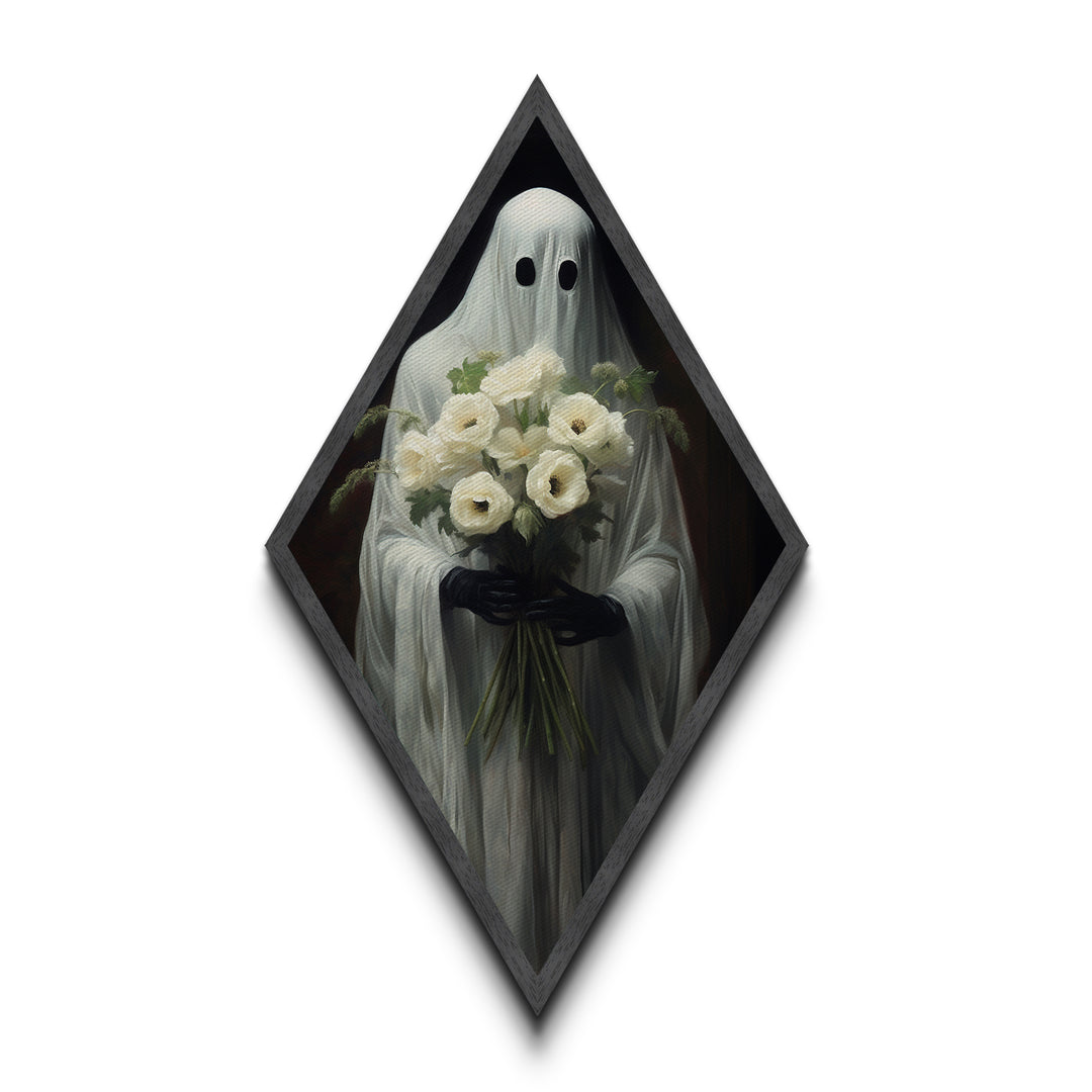 "Ghost with Flowers" Diamond Shaped Art Spirit Holding White Bouquet Canvas Art Print, Gothic Halloween Decor in Dark Academia Romantic Style