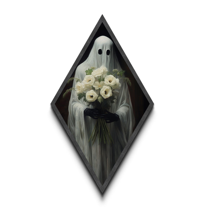 "Ghost with Flowers" Diamond Shaped Art Spirit Holding White Bouquet Canvas Art Print, Gothic Halloween Decor in Dark Academia Romantic Style