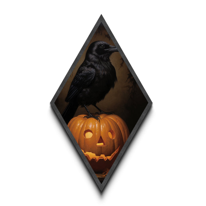 "Crow and Lantern" Gothic Halloween Crow on Pumpkin Canvas Embossed Print, Diamond Shaped Art for Dark Academia or Spooky Autumn Wall Decor