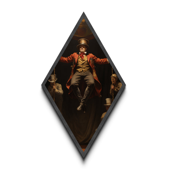 "Midair Proclamation" Victorian Ringmaster in Flight Canvas Art Print, Diamond Shaped Dark Academia Decor for Haunted Circus Halloween