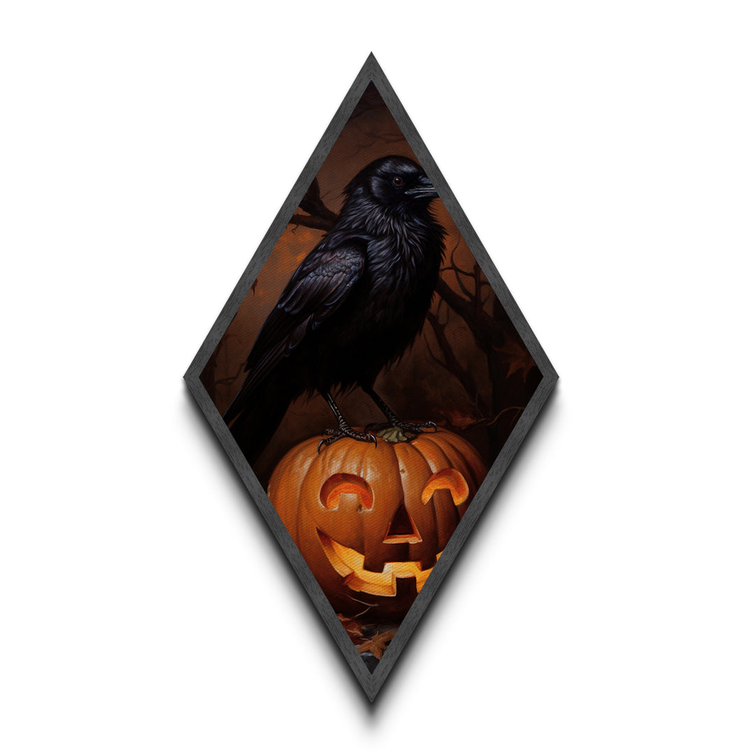 "Cackle Lantern" Gothic Crow and Glowing Jack-O'-Lantern Canvas Embossed Print, Diamond Shaped Art for Dark Halloween and Autumn Vibes