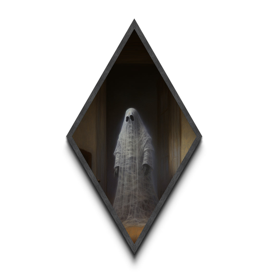 "The Hallway Pause" Diamond Shaped Art of Ghost in Doorway Canvas Art Print, Gothic Halloween Decor with Dark Academia Haunted House Vibes