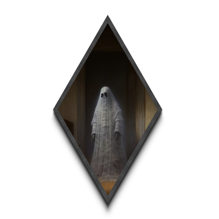 "The Hallway Pause" Diamond Shaped Art of Ghost in Doorway Canvas Art Print, Gothic Halloween Decor with Dark Academia Haunted House Vibes