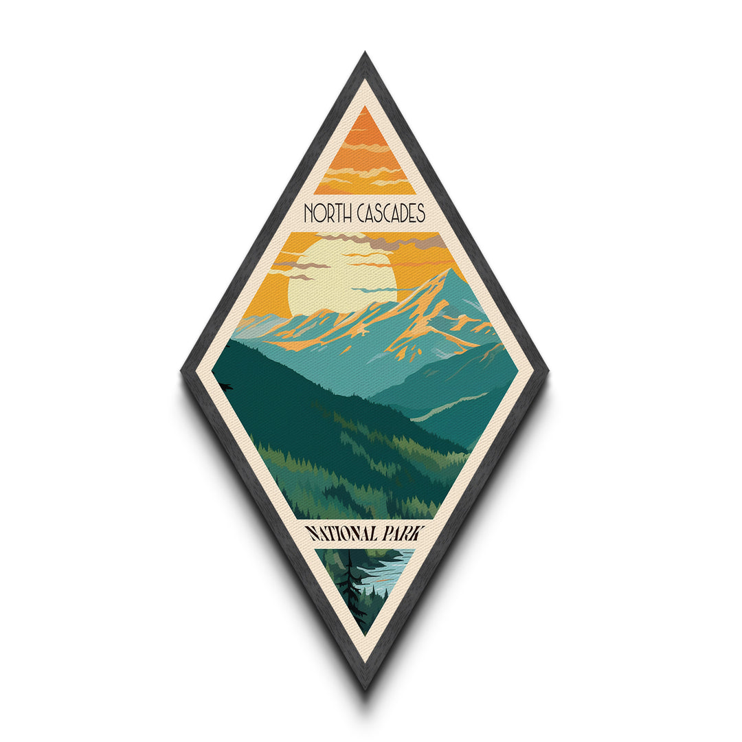 North Cascades National Park Diamond-Shaped Adventure Poster Canvas Art Print, Canvas Wall Art, Travel Present, Washington Travel Art