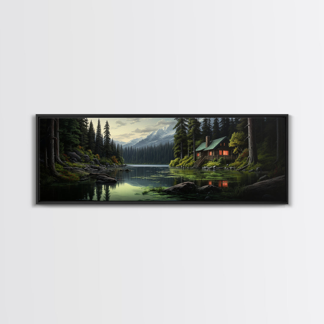 Cozy Cabin on The Lake, Framed Canvas Print, Farmhouse Decor, Landscape Painting, Unique Wall Art