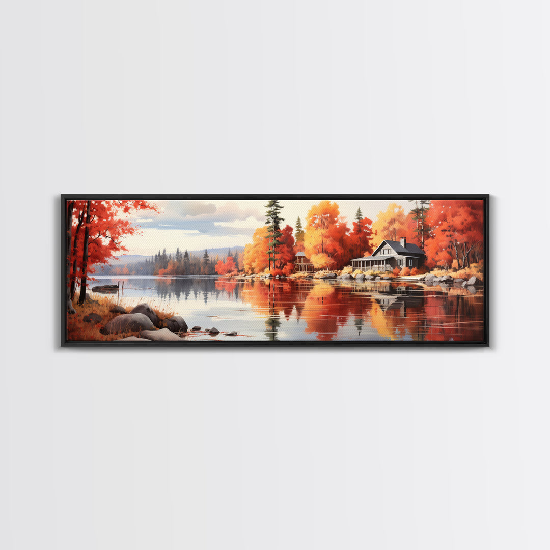 Autumn Cozy Cabin on The Lake, Framed Canvas Print, Farmhouse Decor, Landscape Painting, Unique Wall Art, Fall Decor