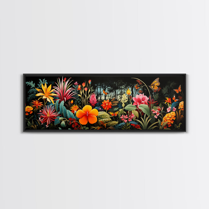 Beautiful Tropical Print "The Jungle" Framed Canvas Print, Panoramic Art, Extra Wide Wall Decor, Living Room Decor