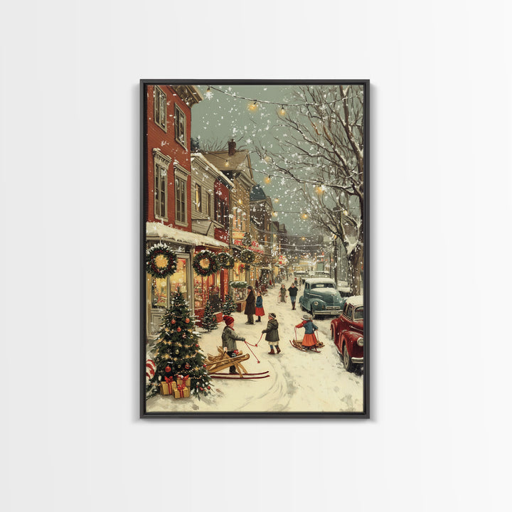 Vintage Christmas Town Scene with Children Playing in Snow, Holiday Street Decor and Wreaths, Framed Canvas Print for Winter Wall Art