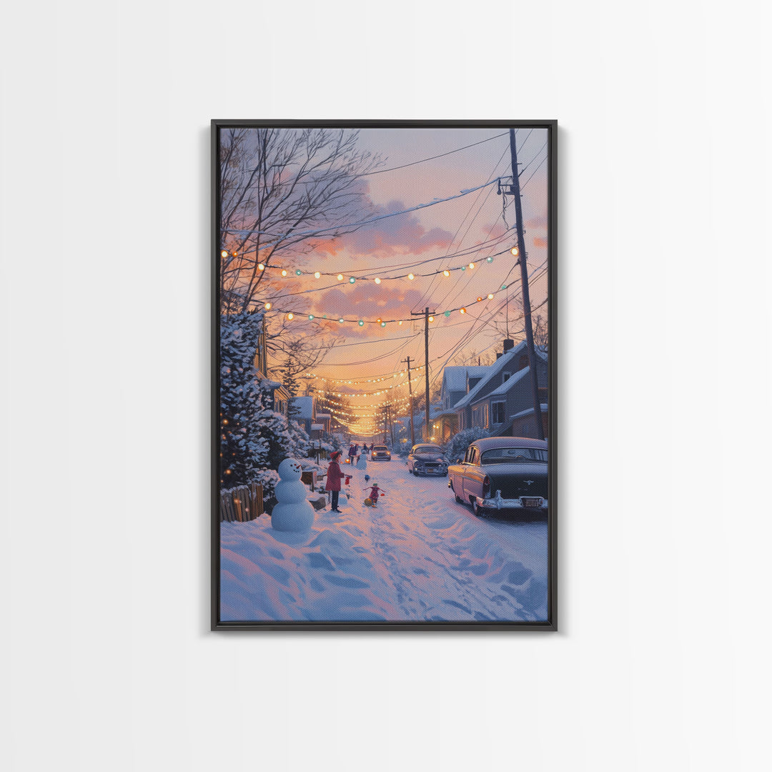 Cozy Neighborhood Christmas Evening with Snowmen and Festive Lights, Perfect for Framed Canvas Print and Holiday Wall Art