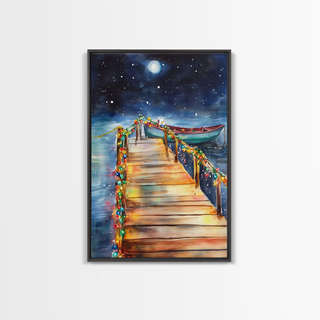 Lakeside Dock Decorated For Christmas, Nautical Christmas Wall Art Canvas Print, Farmhouse Christmas, Lake House Christmas Art