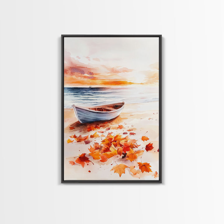 Canoe On A Serene Fall Lake, Framed Canvas Print, Autumn Decor, Fall Wall Art, Fall Poster, Autumn Prints Wall Art