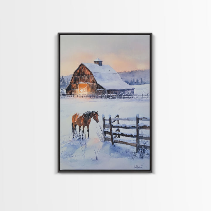 Christmas On The Farm, Winter Wall Art Framed Canvas Print, Gift Idea, Seasonal Decor, Barn Painting, Farmhouse Art