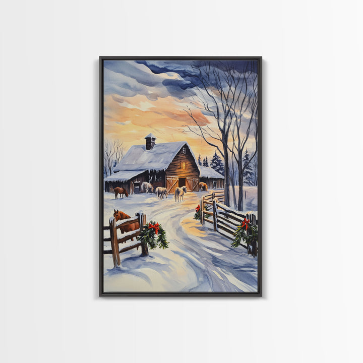 Christmas On The Farm, Winter Wall Art Framed Canvas Print, Gift Idea, Seasonal Decor, Barn Painting, Farmhouse Art