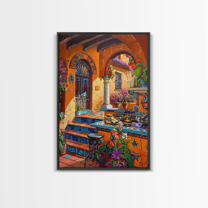 Colorful Mediterranean Courtyard Framed Canvas Print Spanish Tile Art Best Gift Idea Home Decor Above Sofa Wall Art Bright Seasonal Decor