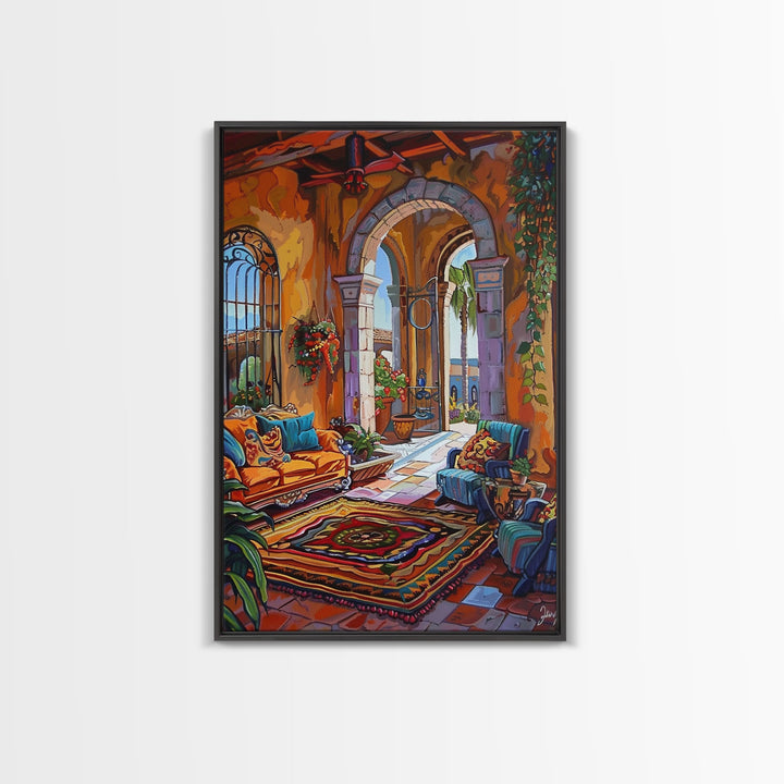 Mediterranean Lounge With Mountain View Framed Canvas Print Spanish Style Patio Wall Art Home Decor Best Gift Seasonal Above Sofa Art