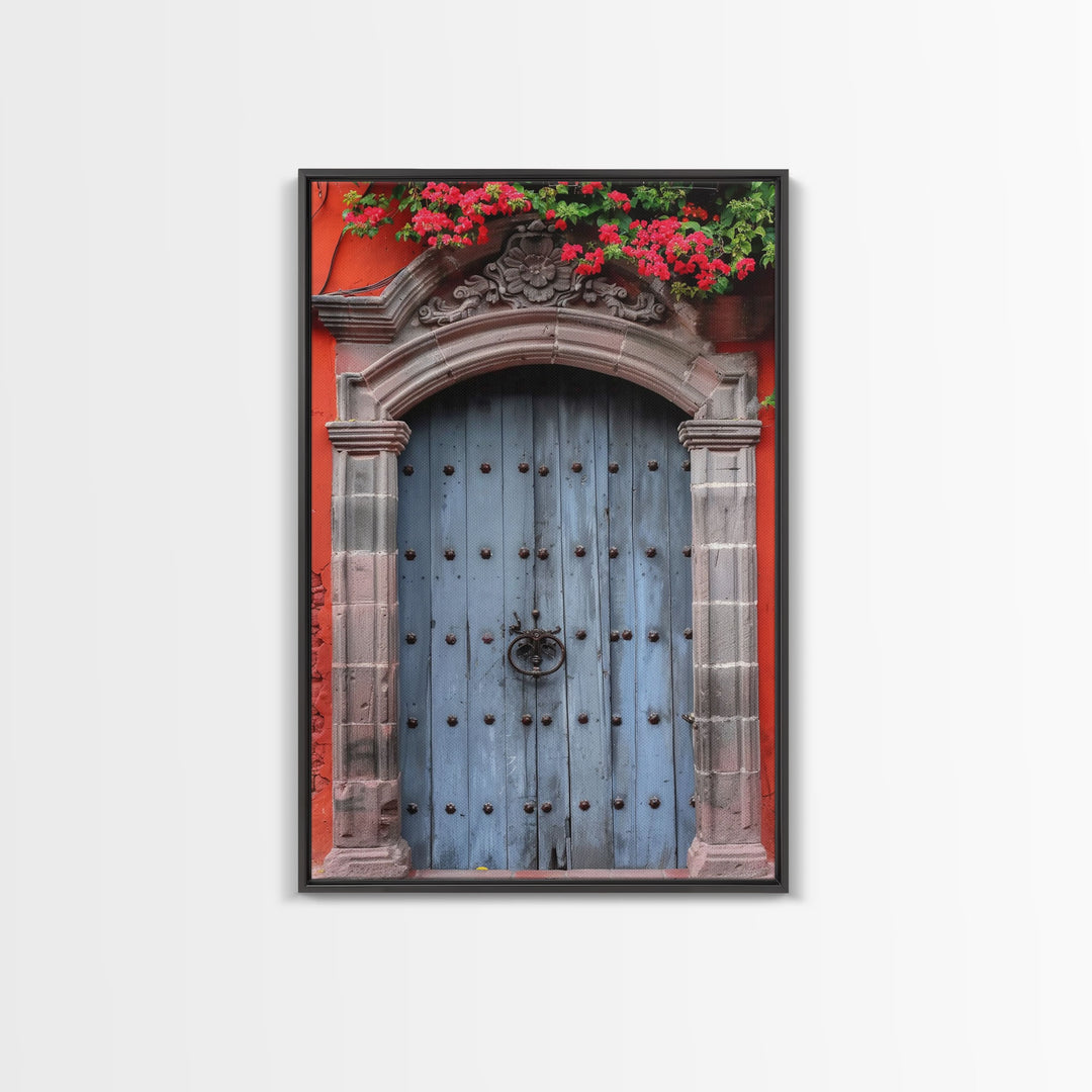 Mexican Style Colorful Architecture Framed Canvas Print Tall Art Depicting Traditional Blue Doors