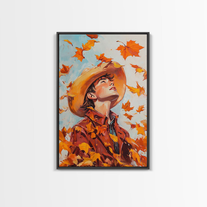 Cowboy Fall Decor Canvas Print with Windblown Leaves, Rustic Farmhouse Autumn Holiday Wall Art Seasonal Gift Idea 2024