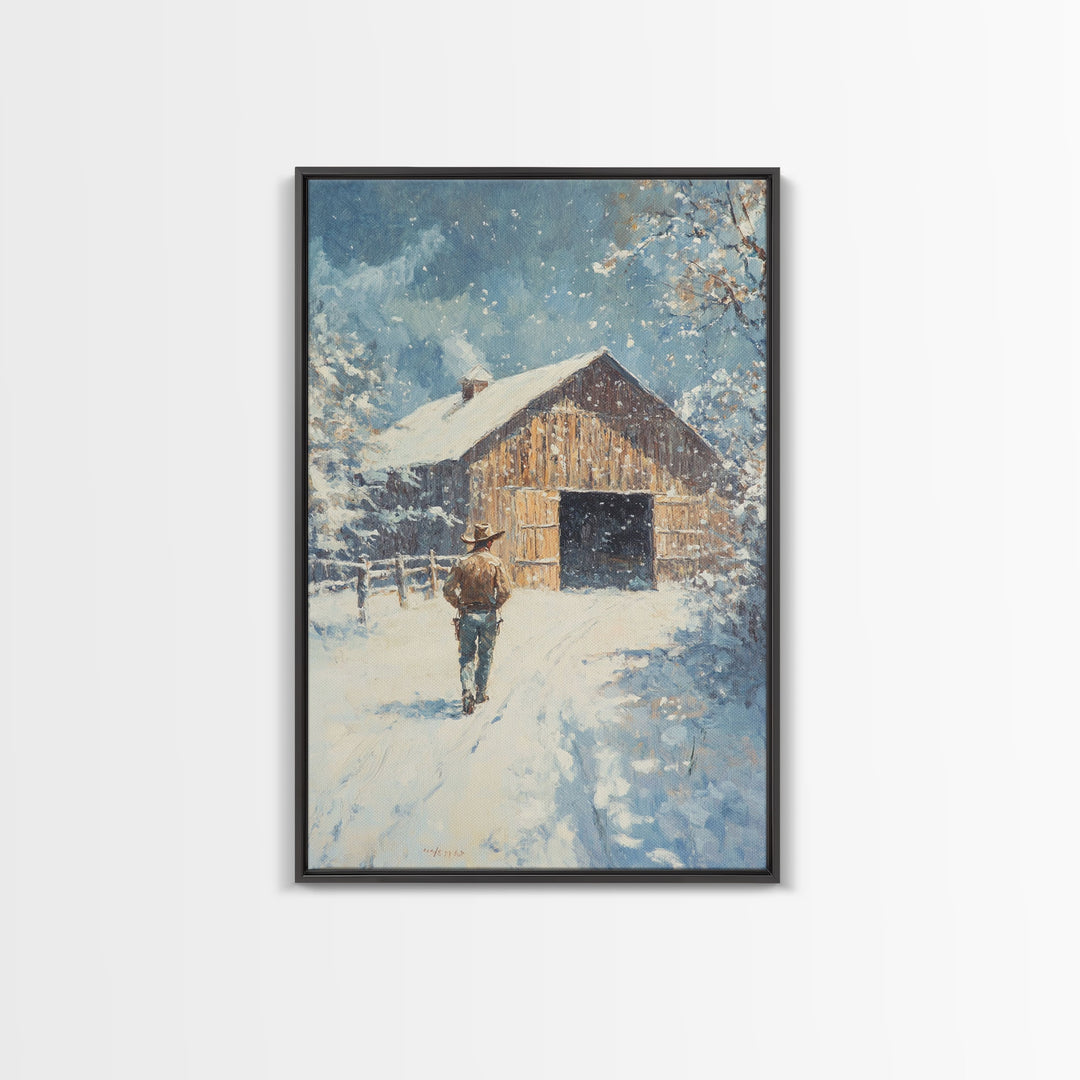 Cowboy Walking in Snow Scene Framed Canvas Print - Moody Landscape Art for Winter Home Decor 2024 Rustic Winter Wall Art