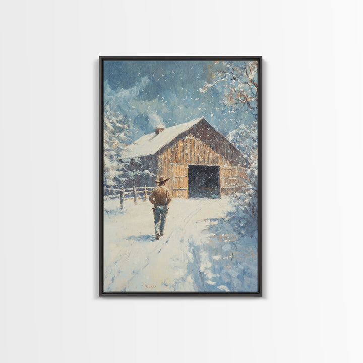 Cowboy Walking in Snow Scene Framed Canvas Print - Moody Landscape Art for Winter Home Decor 2024 Rustic Winter Wall Art