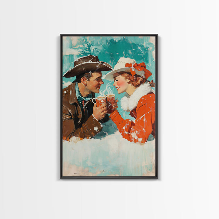 Cozy Couple Hot Cocoa Framed Canvas Print - Retro Vintage Christmas Art 2024 Christmas Decor Perfect for Holiday Wall Art
