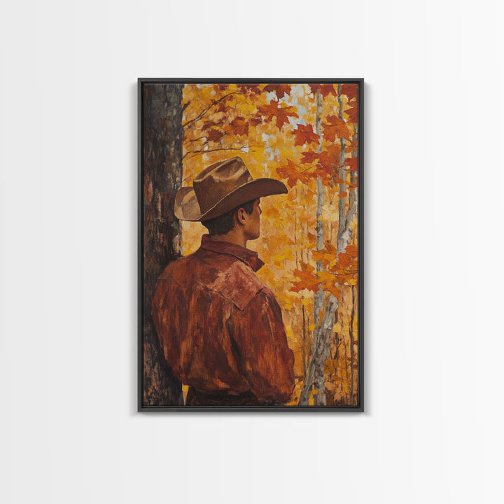 Cowboy in Autumn Forest Framed Canvas Print - Rustic Fall Wall Art Perfect Gift Idea 2024 Country Decor - Moody Landscape Art