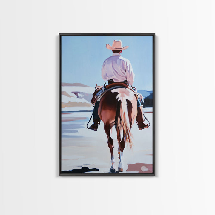 Cowboy Riding Horse Autumn Path with Fall Leaves Framed Canvas Print Vintage Christmas Wall Art Winter Landscape Christmas Decor Gift Idea