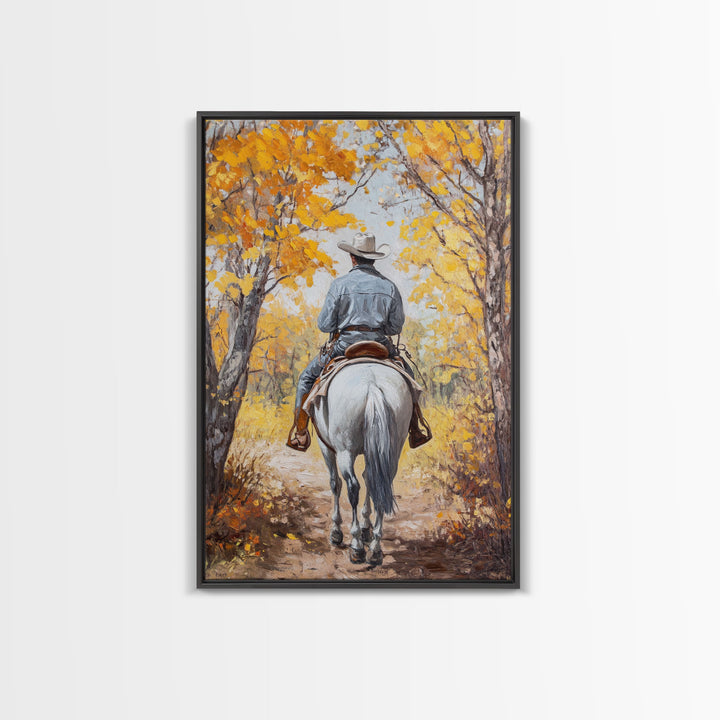 Lone Cowboy Riding Through Red Autumn Trees Framed Canvas Print Vintage Christmas Wall Art Fall Decor Winter Wonderland Seasonal Wall Art