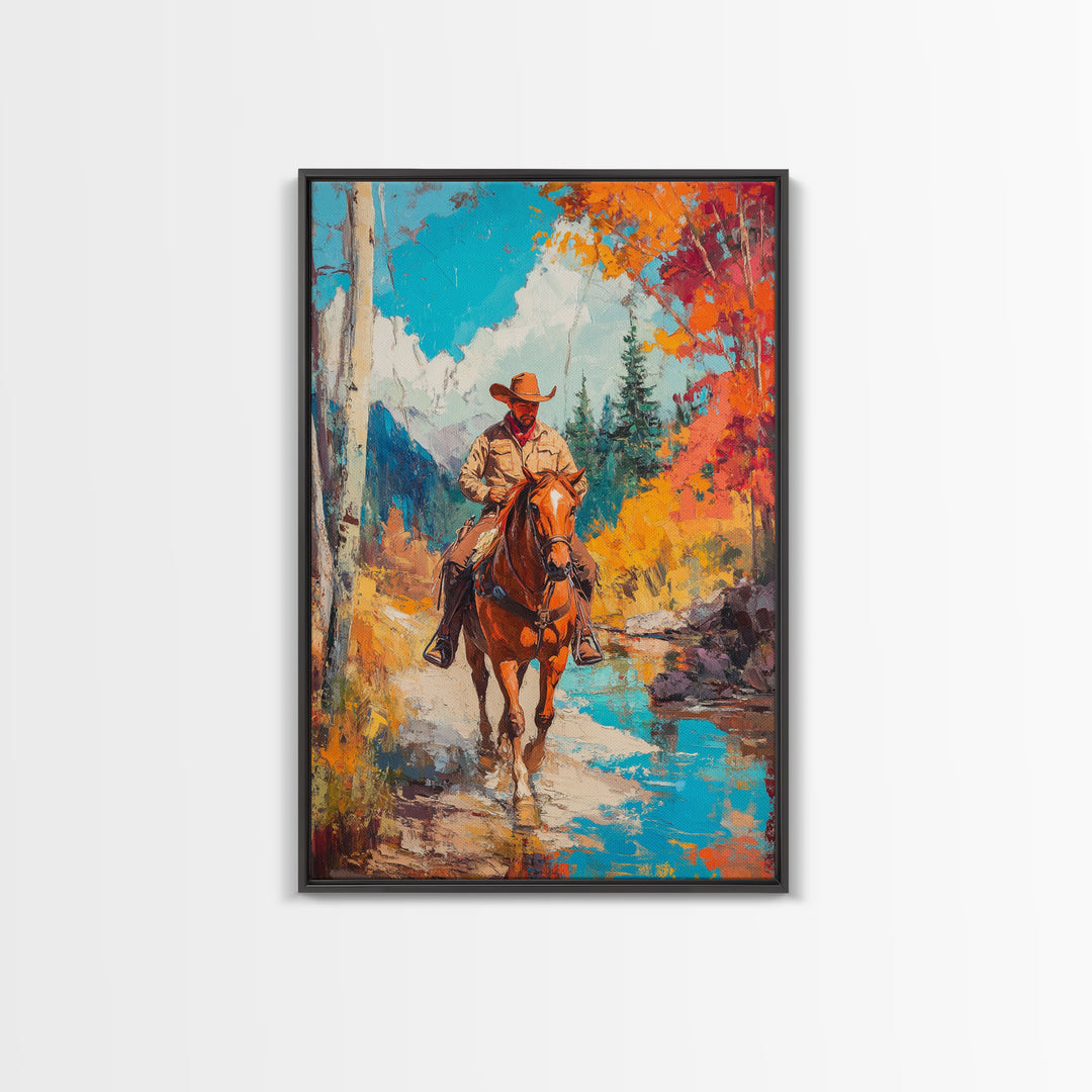 Cowboy in Snowy Landscape Canvas Print Christmas Wall Art Winter Wonderland Christmas Decor Vintage Western Christmas Gift Seasonal Wall Art
