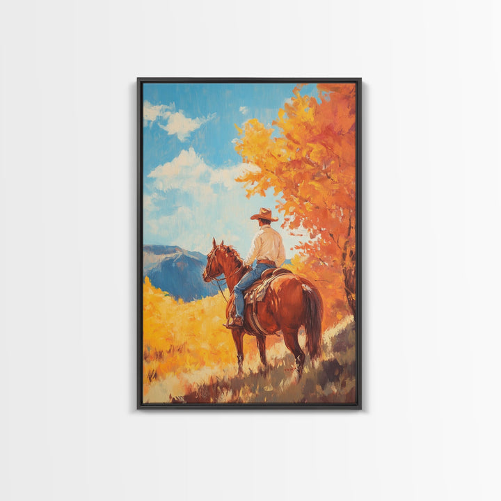 Cowboy in Colorful Autumn Trail Framed Canvas Print Country Christmas Decor Fall Wall Art Vintage Christmas Decor Gift Idea Gallery Wall Art