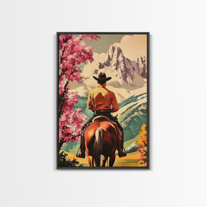 Cowboy Rider in Autumn Field with Mountains Framed Canvas Print Fall Landscape Wall Art Christmas Wall Decor Vintage Christmas Gift Idea
