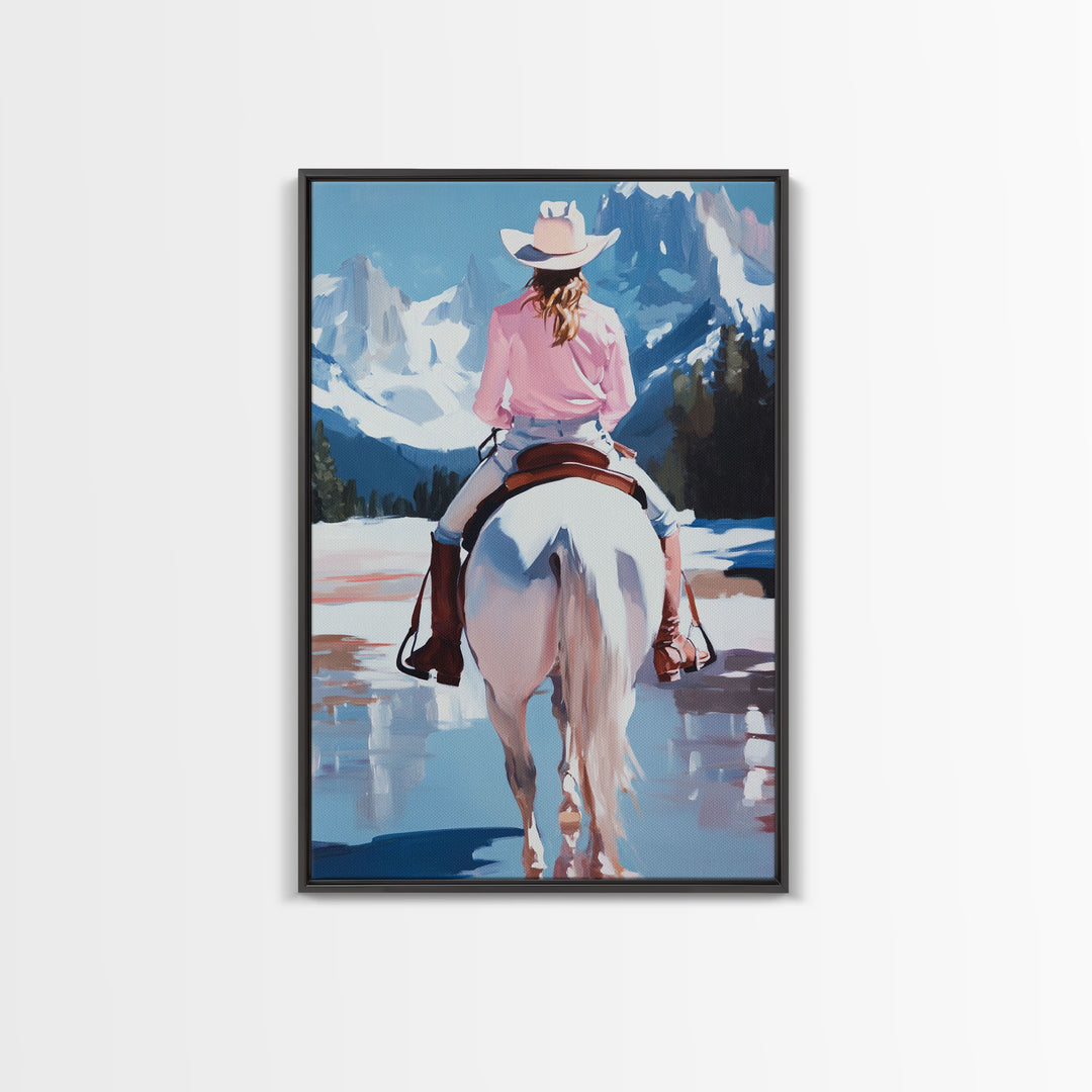 Female Cowboy Riding Through Winter Mountains Framed Canvas Print Christmas Wall Art Winter Wonderland Vintage Christmas Gift Wall Art