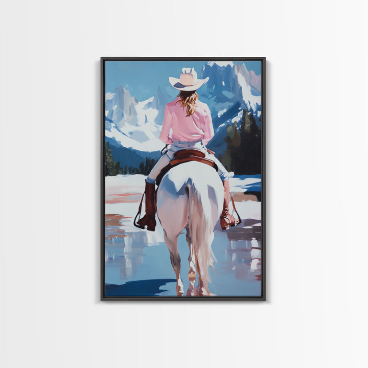 Female Cowboy Riding Through Winter Mountains Framed Canvas Print Christmas Wall Art Winter Wonderland Vintage Christmas Gift Wall Art