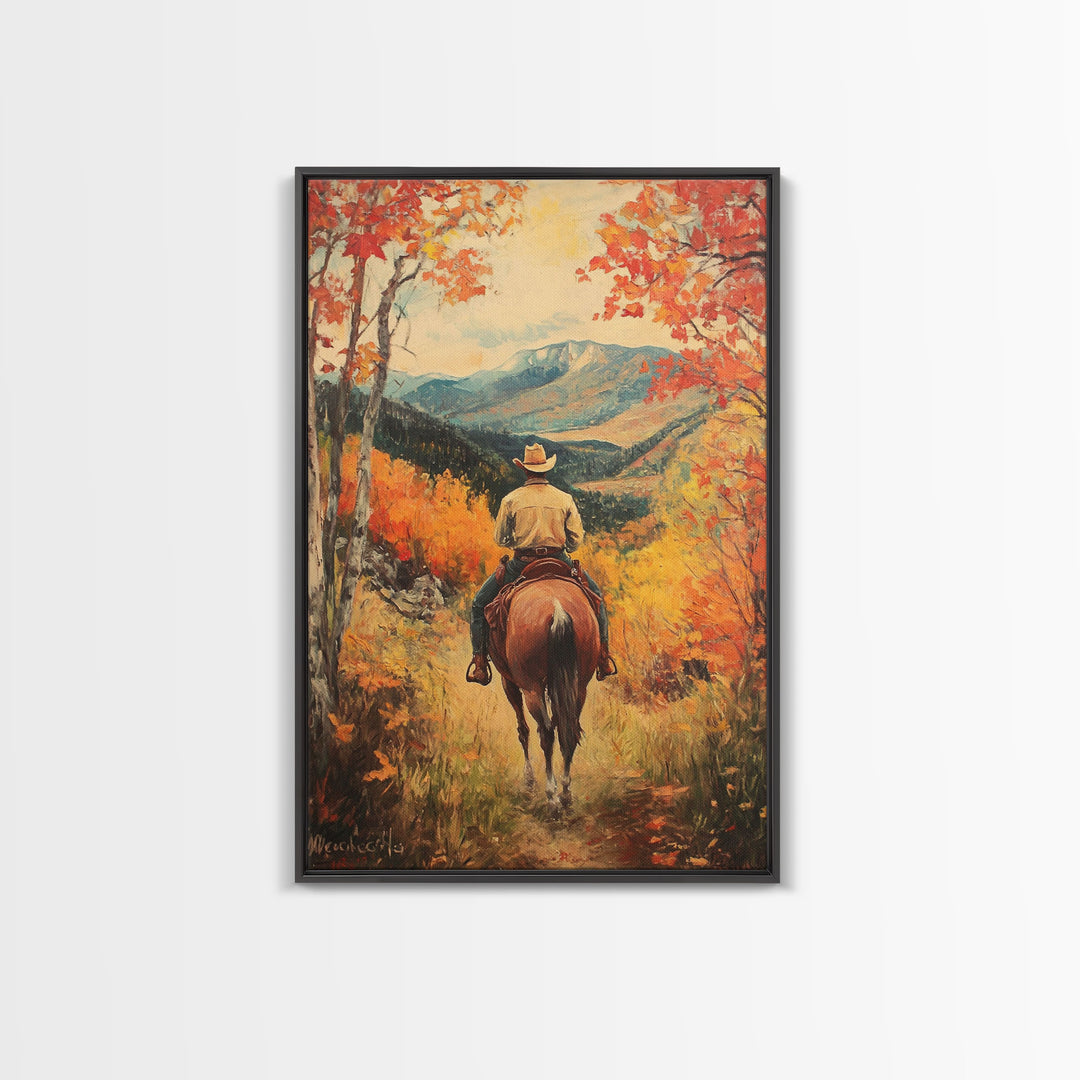 Cowboy in Autumn Landscape Canvas Print Fall Wall Art Vintage Christmas Wall Decor Country Christmas Gift Seasonal Wall Art Fall Decor