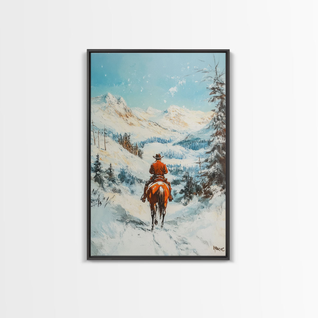 Cowboy Riding Through Snowy Mountains Framed Canvas Print Christmas Wall Art Winter Wonderland Decor Seasonal Wall Art Christmas Gift Idea